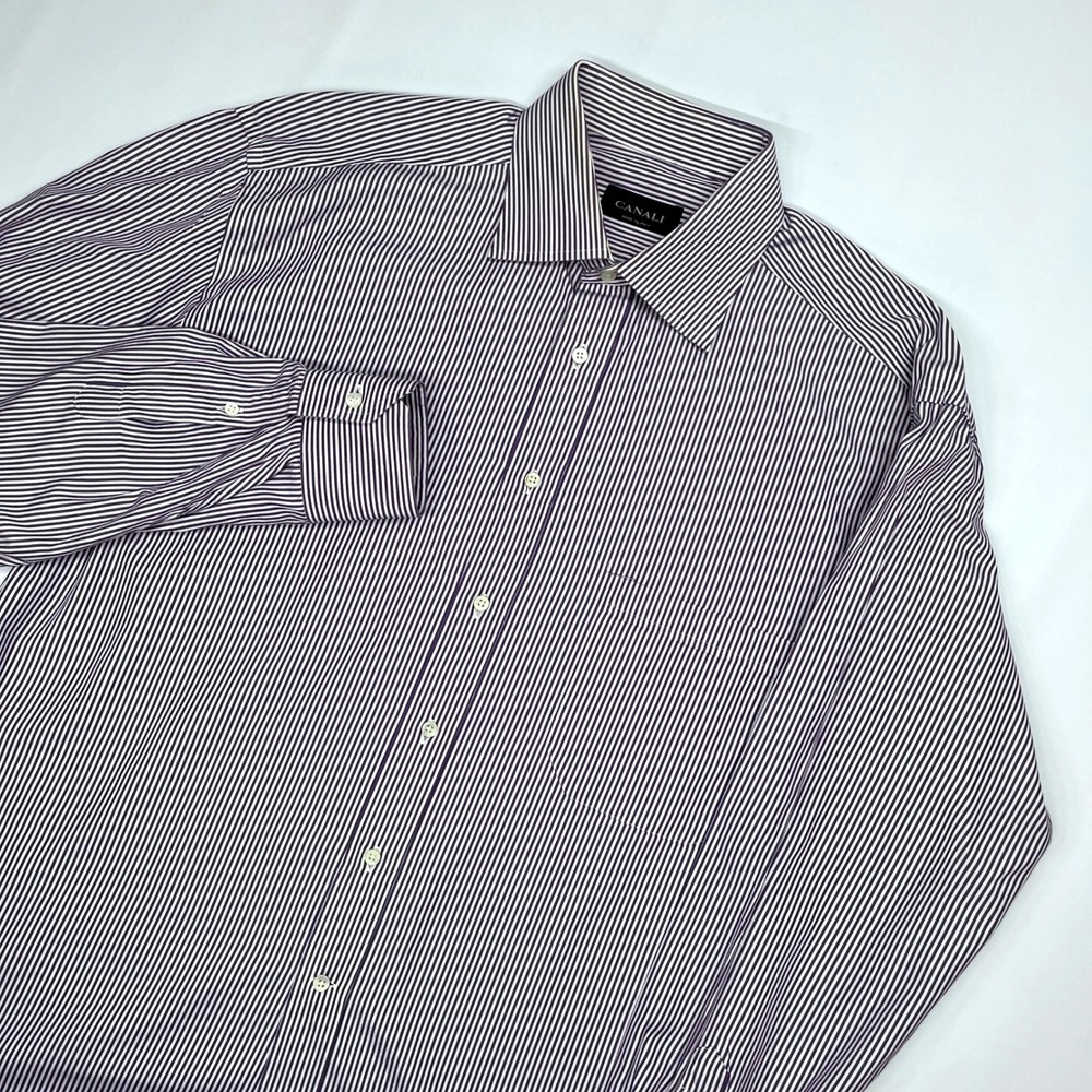 Canali Men Purple White Striped Dress Shirt Size 16 L Long Sleeve Made in Italy